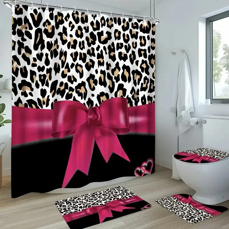 1/4 pc leopard print and red bow design, exquisite shower curtain set, Bathroom Curtains, non-slip mat, U-shaped rug, toilet seat cover, perfect for bathroom décor, beautifies the space, includes 12 shower curtain hooks, Shower Essentials