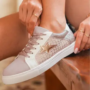 Women's Fashion Star Sneakers Glitter Low Top Lace Up Walking Shoes, Vintage Distressed Dirty Look Casual Trainers, Metallic Gold Patchwork Tennis Shoes, Trendy Streetwear