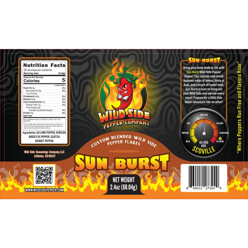 Wild Side Pepper Company Sun Burst Hot Pepper Flakes - Aji Limo, African Bird's Eye, Scotch Bonnet - 64,000 Scoville Heat Rating - Bright Citrus Fruity Heat Wild Flavor