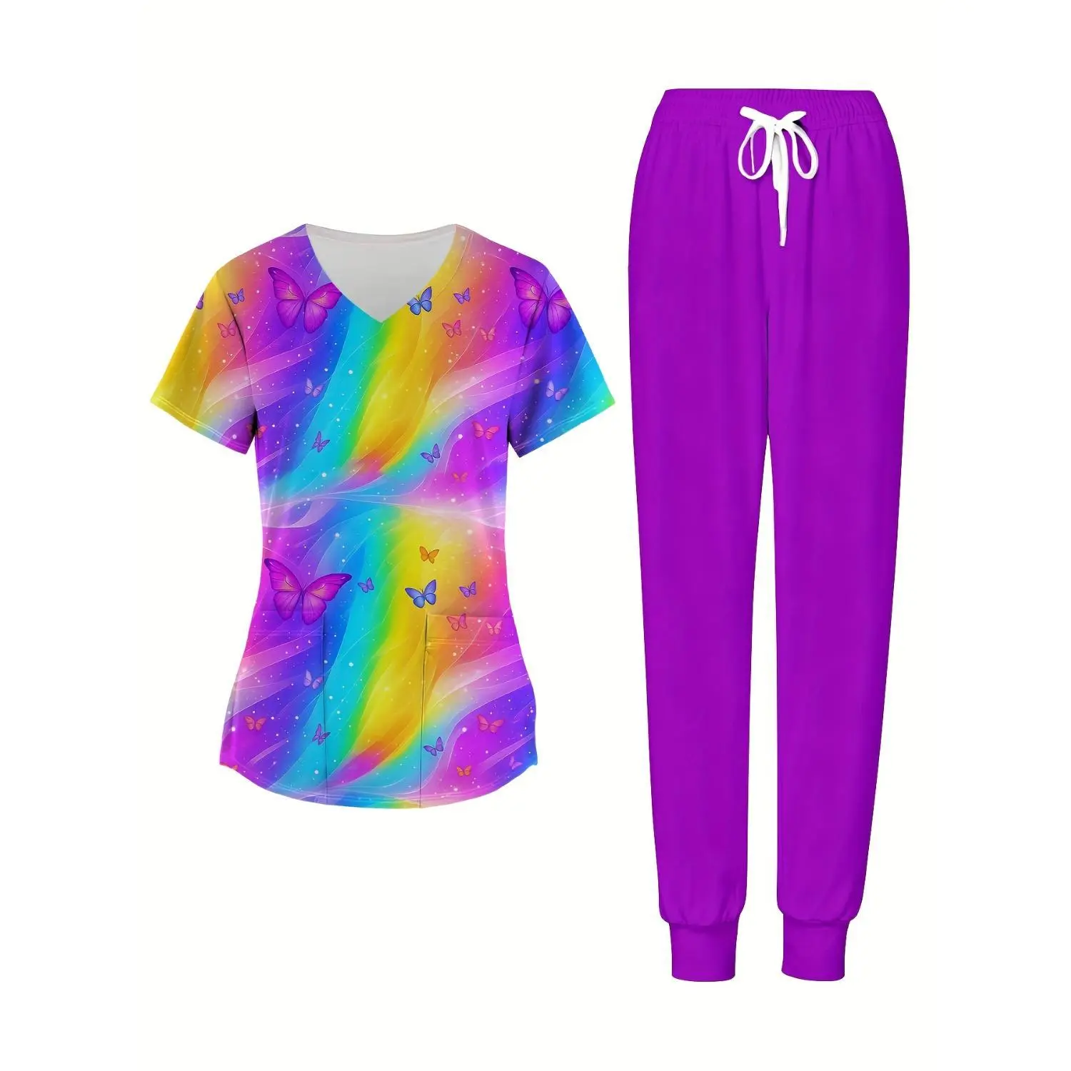 2-Piece Plus Size Women's Scrub Set - Rainbow Butterfly Print Top & Purple Jogger Pants, Full-Body Butterfly Design Uniforms for Nurses and Healthcare Professionals, Comfortable & Machine Washable Workwear with Pockets (All Seasons)