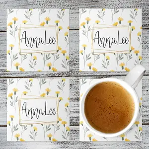 Personalized Coasters | Custom Stone Coaster Set | Yellow Watercolor Flowers | Set of 4