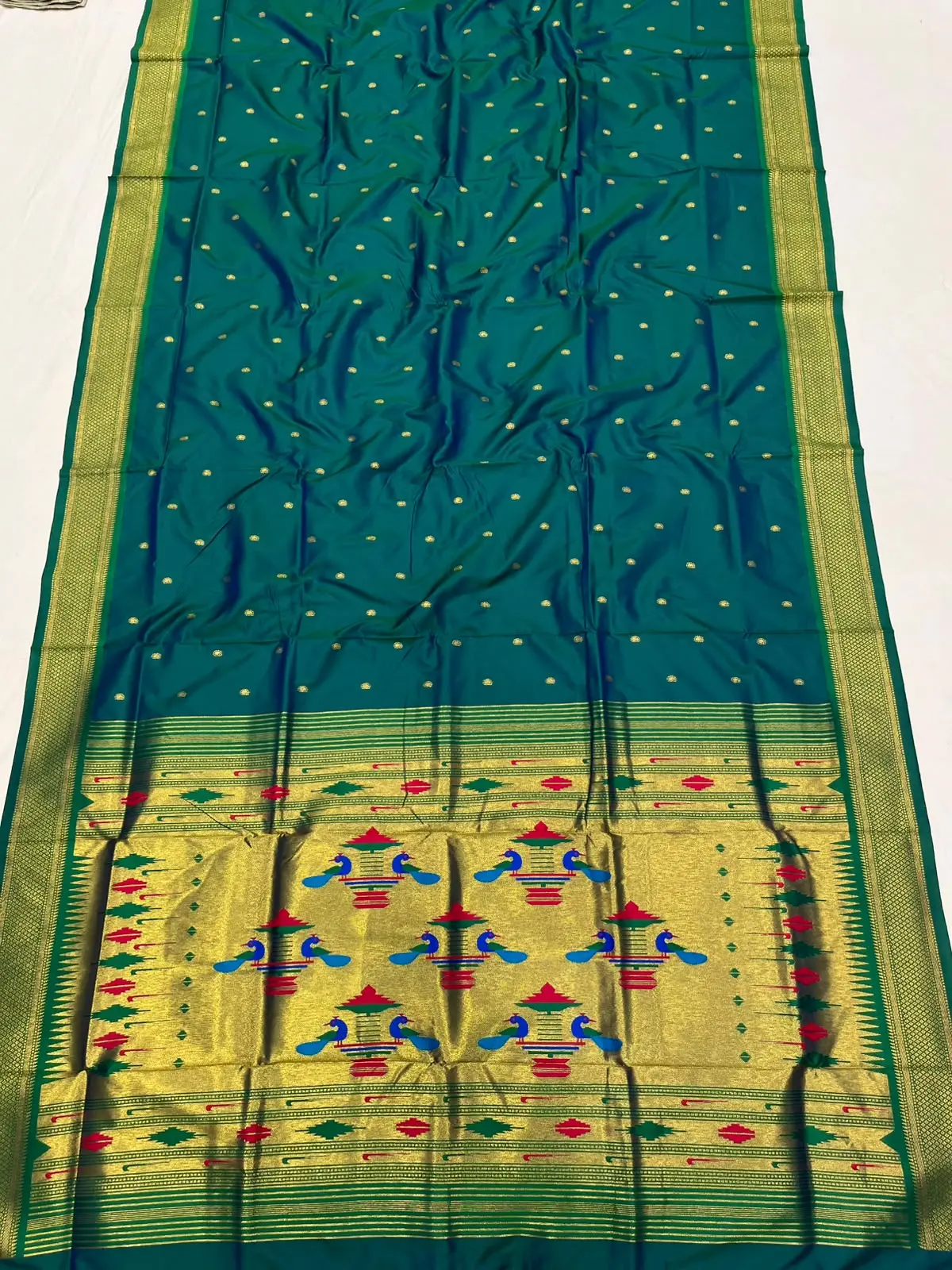 Double pallu Soft silk Paithani Saree in Peacock green