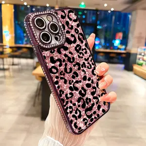 Pink leopard print luxury rhinestone decor phone case for iPhone 17 17air 17pro 17promax 16 15 14 13 12 11 plus pro Max shockproof camera protector cover