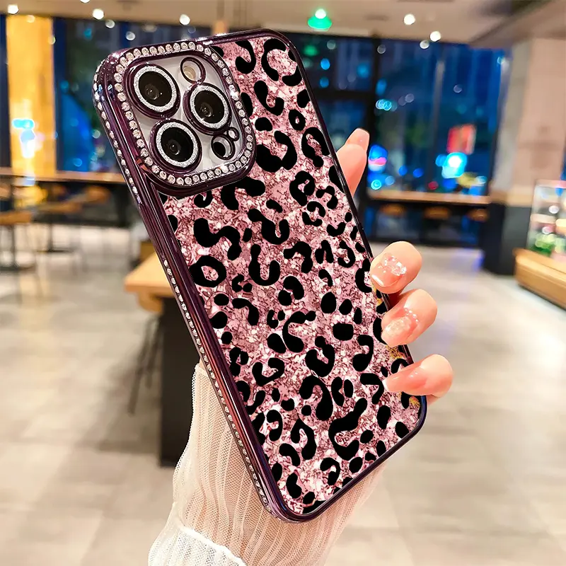 Pink leopard print luxury rhinestone decor phone case for iPhone 17 17air  17pro 17promax 16 15 14 13 12 11 plus pro Max shockproof camera protector  cover - TikTok Shop
