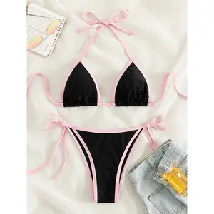 Women's 2-Piece Polyamide Bikini Swimsuit - Triangle Halter, Tie-Back Neck, Contrast Trim, Tie-Side, Stretchy Cute Sexy Beachwear