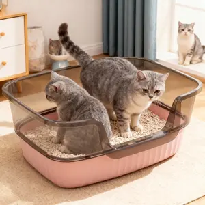Large Elevated Cat Litter Box with Transparent Splash-Proof Fence, Extra Large, Easy Clean Non-Stick Bottom, Ideal for Medium & Large Cats
