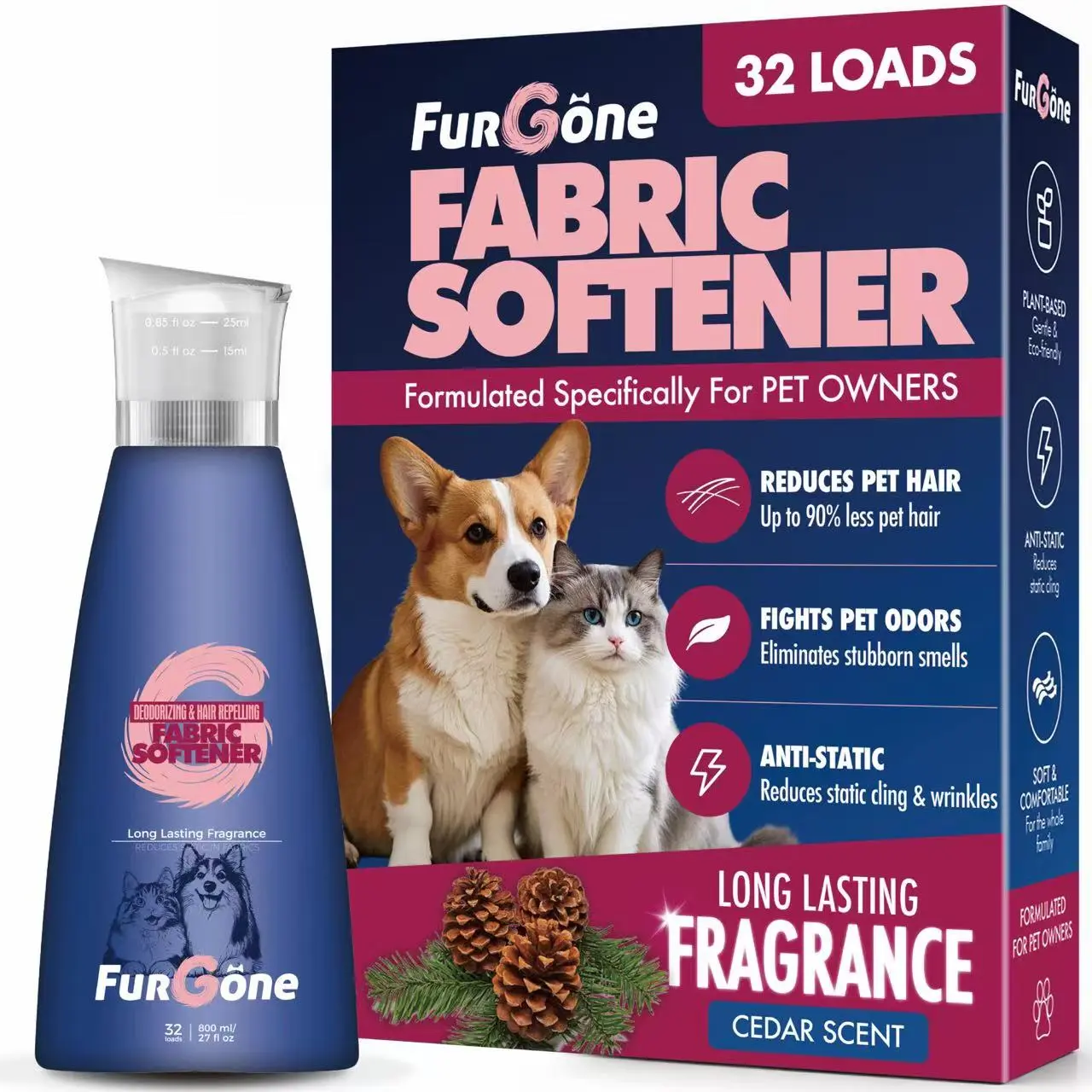 FurGone Liquid Fabric Softener - 25ml Pet Hair Remover, Anti-Static, Home Deodorizer, Litter Box Deodorizer, Laundry Day Solution for Cat Owners, Reduces Static Cling, Long-Lasting Fresh Scent, 32 Loads