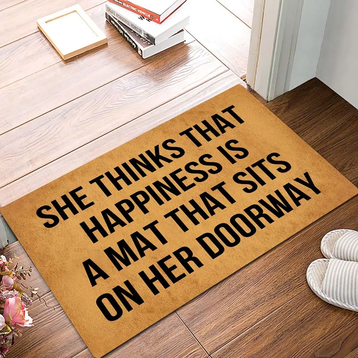 Funny Welcome Doormat Home Decor Rugs Welcome Mat with Rubber Back (23.7 x 15.9)inch She Thinks That Happiness is A Mat That Sits on Her Doorway Rubber Non-Slip Backing Entrance Rug Home Decor Front Porch Decorative Mat