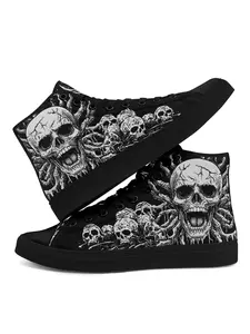 Men's Gothic Skull High-Top Canvas Sneakers – Black and White Graphic Design, Punk Rock Casual Shoes, Comfortable and Durable Lace-Up Footwear for Streetwear and Daily Wear