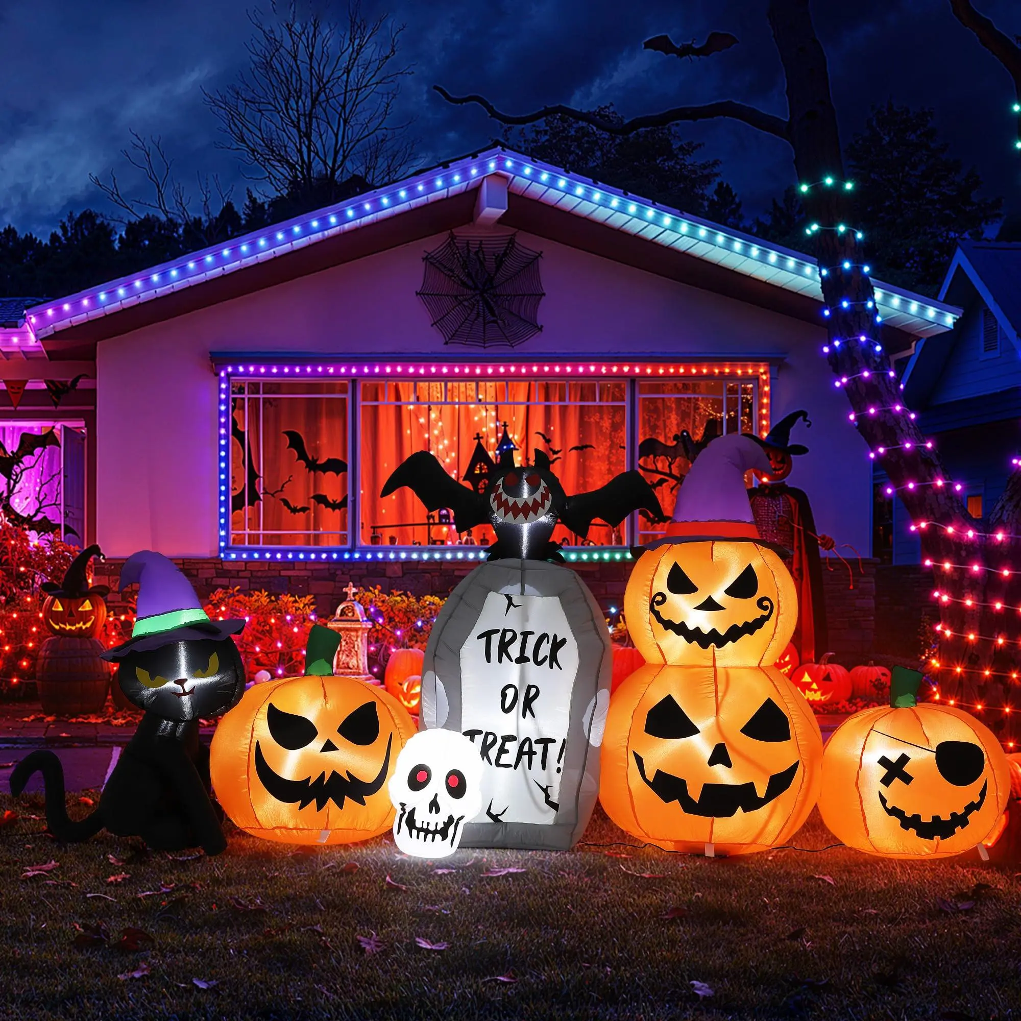 8 ft Long Halloween Inflatables Outdoor Decorations Featuring Blow Up Pumpkin Black Cat with Built-In LED Lights Bat Tombstone, Inflatable Decorations for Yard Lawn Porch Party