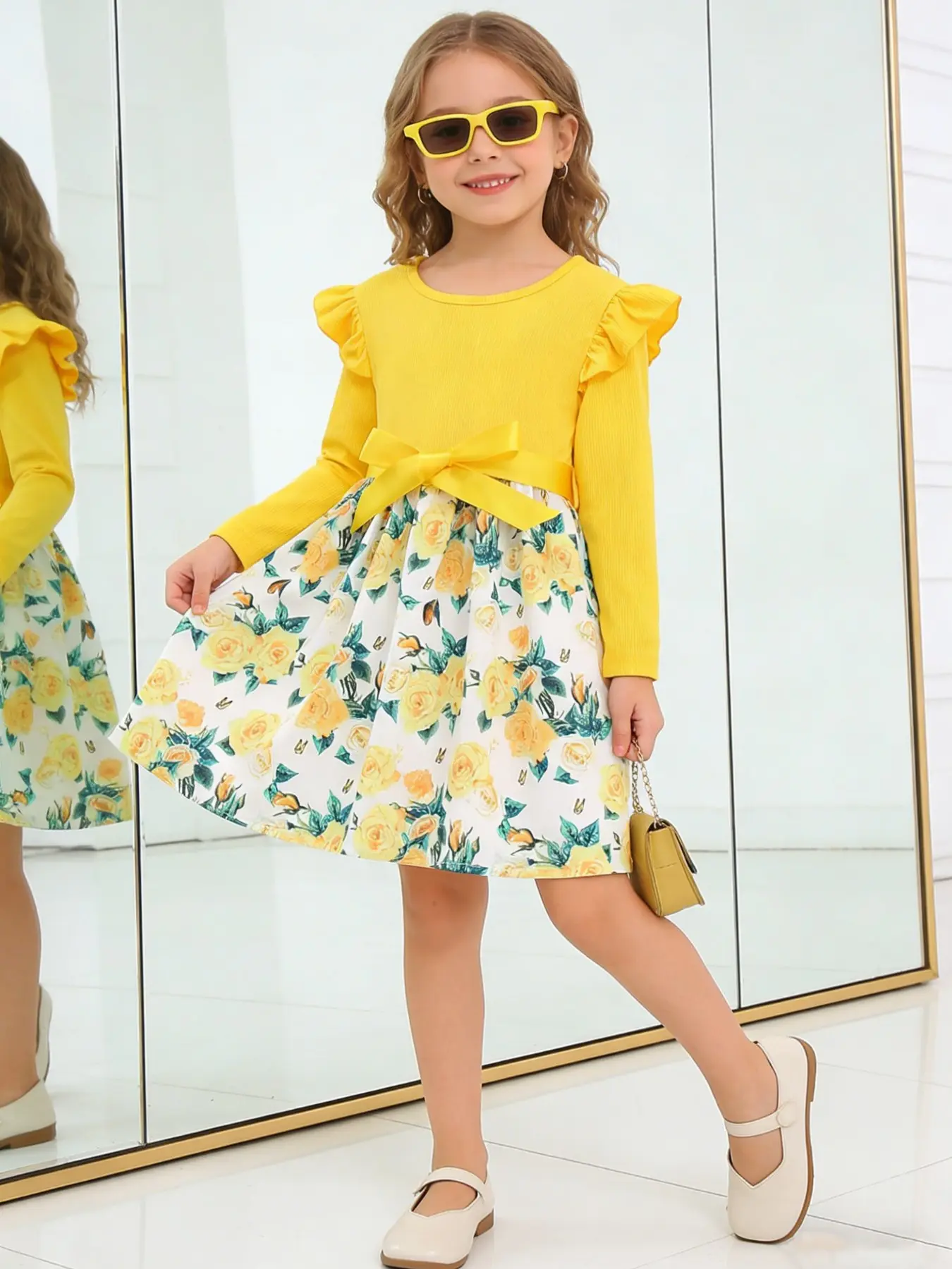 Girls' Long Sleeve Dress, Floral Print Bow Dress, Casual Party Dress, Suitable for Ages 3-7, Toddler Fashion, Mother-Daughter, Dresses for Summer