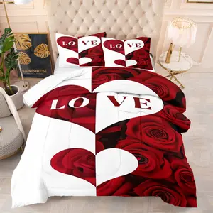 Love Rose Heart Quilt/Comforter Set (2/3 Pcs): Includes 1 Quilt + 1/2 Pillowcases (No Filler), with Roses, Hearts, “LOVE” , for Couple Bedrooms, Wedding Rooms, Valentine’s Themed Rooms, Luxury - Styled Rooms, for Couples, Spouses, Romantic Style Lovers