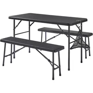 VECELO Dining Set for 4, Faux Rattan Folding Table with 2 Benches foldabletablebartop