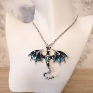 #241 Large Black & Teal Dragon with Light Blue & Iridescent Rhinestones Necklace with 24 inch chain, Casual Mythical Jewelry