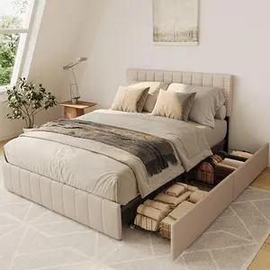 Gizoon Upholstered Queen Bed Frame with 4 Storage Drawers, Headboard Adjustable, Noise Free, Wooden Slats Support, Fits 6” to 12” Mattress, No Box Spring Needed
