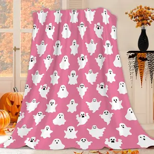 Halloween Throw Blanket Pink Ghosts Spooky Throw Blankets Warm Cozy Lightweight Flannel Blanket for Bedroom Living Rooms Couch Sofa Bed Home Decorations 40x50 Inch, 1 count, Print on One Side with a Plain White Back