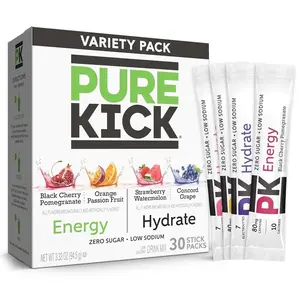 PURE KICK Energy and Hydrate Singles To Go Drink Mix Variety Pack, Black cherry Pomegranate, Orange Passion Fruit, Strawberry watermelon and Concord Grape, 30 Count (Pack - 1)