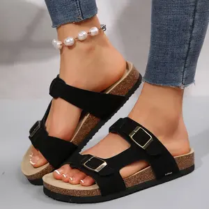 Women's Cork Footbed Slide Sandal, Summer Outdoor Sandals with 2 Adjustable Buckle Footwear Boho Style Girl