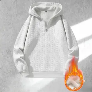Men's White Textured Half-Zip Hoodie - Minimalist High-End Style with Cozy Fleece Lining for Autumn Comfort