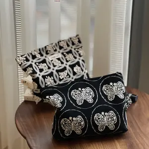 Embroidered Canvas Cosmetic Bag for Women, Butterfly Floral Zipper Makeup Pouch, Elegant Small Square Handbag, Aesthetic Travel Toiletry Organizer, Cute Everyday Purse Gift for Girls