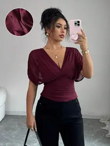 LUSHLACE Women's Elastic Mesh Lining Fabric Elegant Vacation Beach Casual French Romantic Crossover Shirred Gathered Shoulder Sleeve Waist Ruched Stretchable Ruffle Hem T-Shirt, Suitable For Outdoor And Commute, Spring/Summer