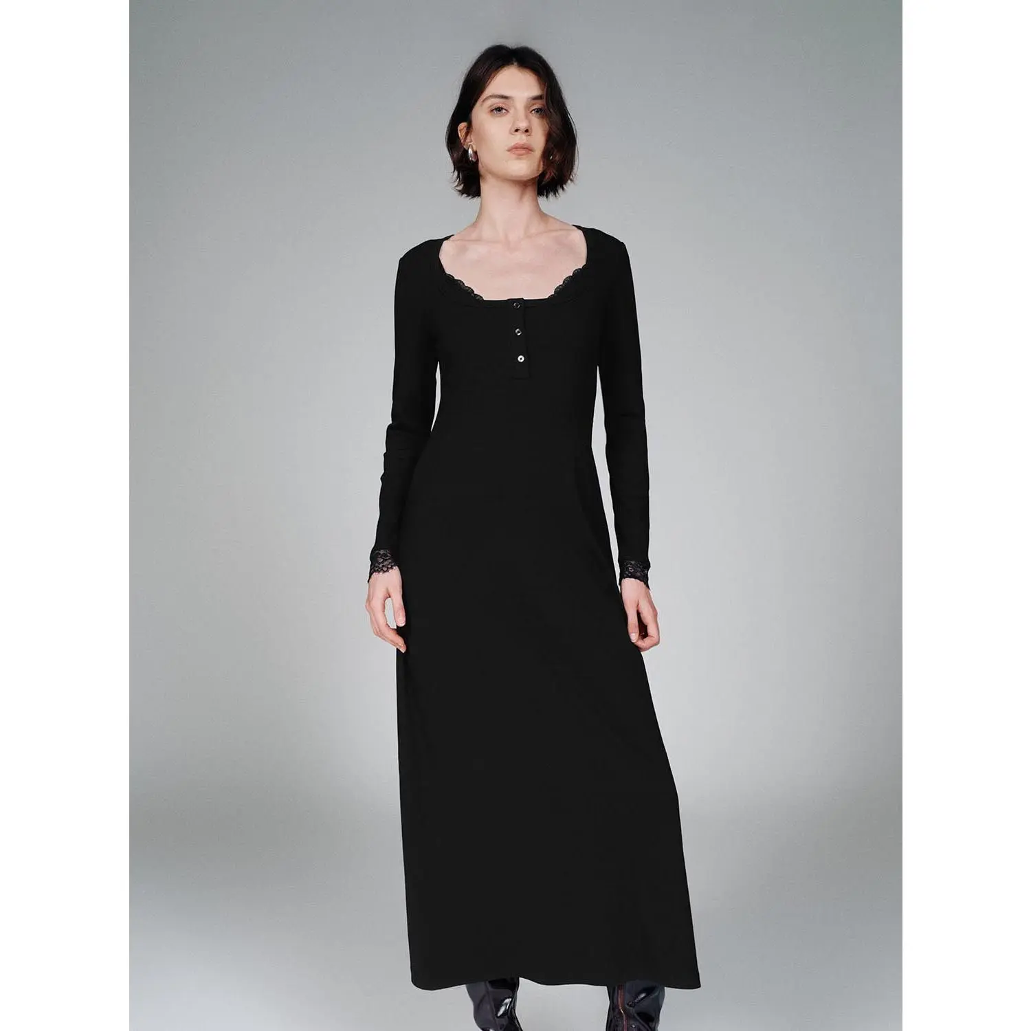 URBAN REVIVO Women's 2026 Casual Long Sleeve A-Line Midi Dress - Cotton Blend Viscose-Elastane Fabric, Lace Trim, Hip-Flattering Henley Neck, Cold Wash Only, Do Not Bleach, XS-XL