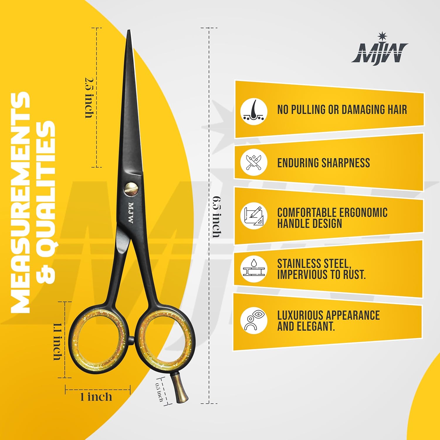 MJW Professional 6.5” Stainless Steel Hair Cutting Scissors, Razor Sharp Barber Shears (Barber Equipment, Single Item) for Adults, Lightweight Ergonomic Salon Hairdressing Tool for Hair, Beard & Mustache Trimming MJW Professional 6.5” Stainless Steel Hair Cutting Scissors, Razor Sharp Barber Shears (Barber Equipment, Single Item) for Adults, Lightweight Ergonomic Salon Hairdressing Tool for Hair, Beard & Mustache Trimming