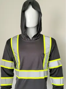 High Visibility Gray Long Sleeve Safety Shirt with hoodie Polyester Birdeye Mesh