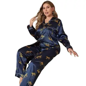 Shein LuxeNights Plus Leopard Print Contrast Piping Satin PJ Set / Pajama Set Casual Long Sleeve