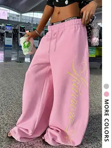 Women's Long Pants with American Design Letter Print, Casual Fitted Drawstring Sweatpants, Gothic Style Loose Fit Fall Fashion