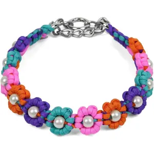 Cute Handmade Paracord Dog Collar Necklace Unique Hand-Braided Bright Multi-Color Flower Design Pet Accessory for Medium Large Dogs Fit 16-20" Neck Size L