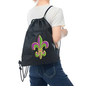 Mardi Gras Fleur De Lis Decorative Pattern Drawstring Backpack for Festivals and Parades Lightweight Reusable Bag Ideal for Music Events Sporting Events Outdoor Activities Perfect Gift for Carnival Season Holidays and Celebrations Fans and Enthusiasts