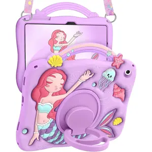 Galaxy Tab A9 Plus Case - Cute Cartoon Mermaids Soft 3D Silicone for Samsung A9 Plus Tablet Case with Strap & Rotating Stand Girls Teens Tab A9+ 11 Inch Tablet Cover