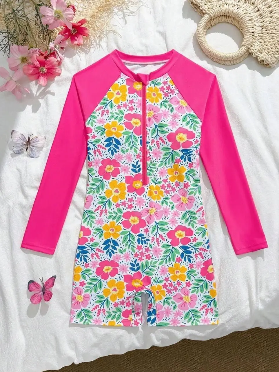 Tween Girl Pink Floral Rash Guard, Long Sleeve Zipper UV Protection Swimsuit