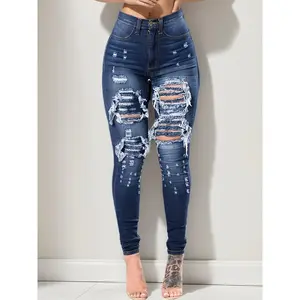 Autumn Women's High Waist Elastic Ripped Skinny Jeans, Street Style Casual Basic Jeans, Women's Jeans and Clothing