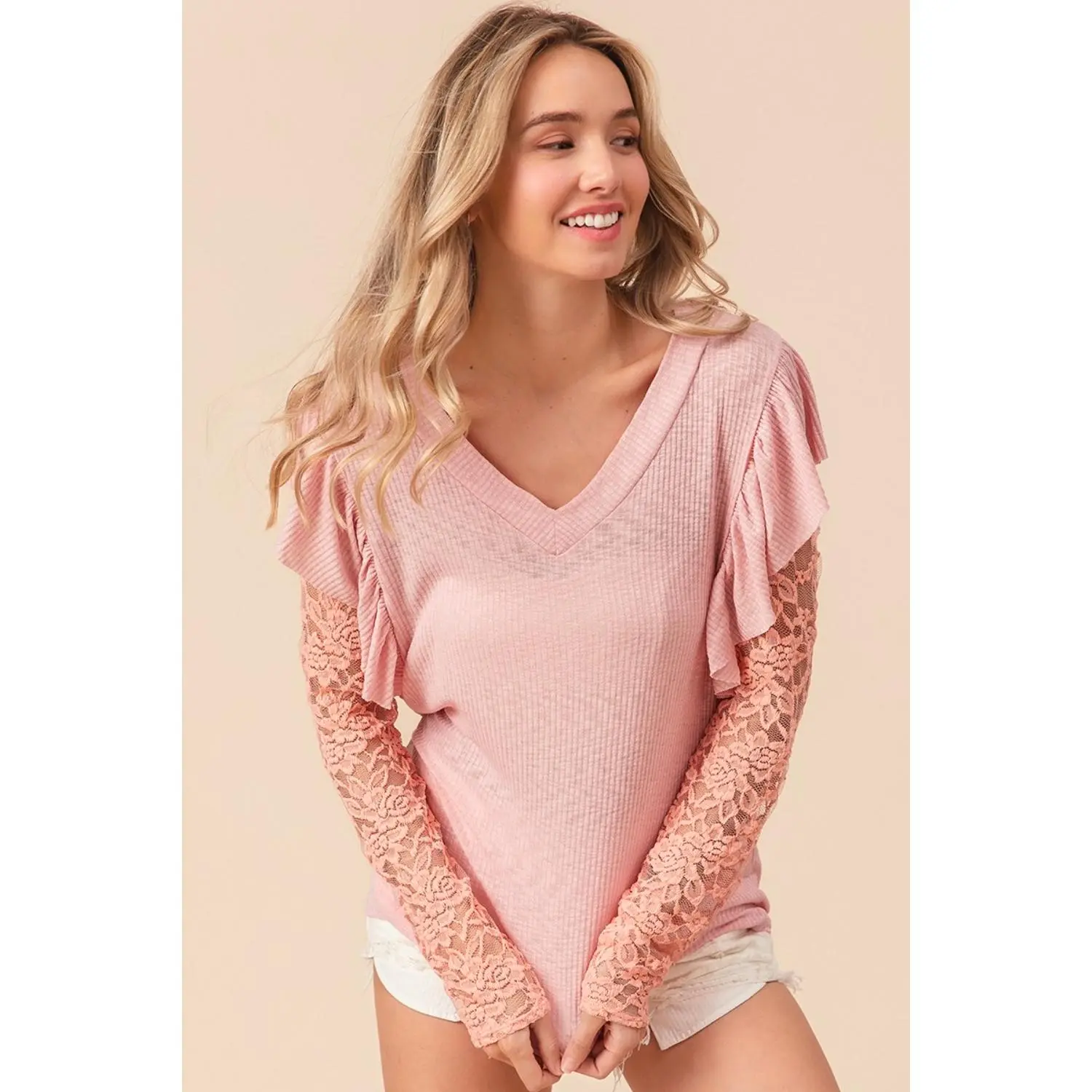 BiBi Ruffled Lace Sleeve Rib Knit Top