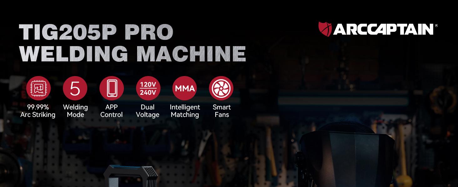 ARCCAPTAIN iControl TIG 205P Pro Welder With APP Control, 5 In 1 DC/Pulse/Lift/Spot TIG & Stick, Dual Voltage 120V/240V TIG Welding Machine With Large LED Display, 2T/4T, Smart Fan, Safety Protection