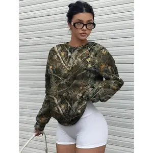 Women’s Autumn/Winter Casual Loose-Fit Camouflage Print Crewneck Pullover Sweater, Comfortable Warm Long-Sleeve Top for Ladies