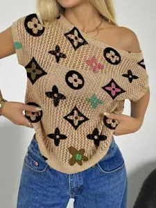 Spring Summer Women's Beach Vacation Style Asymmetric Neck Off-Shoulder Batwing Sleeve Semi-Sheer Lace Knit Top, Printed Knitwear, Bikini Cover-Up