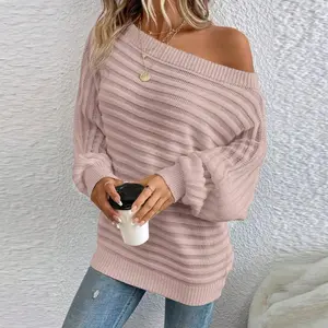 Fashionable and elegant knitted off-shoulder batwing-sleeve pullover in a solid color for women’s autumn, featuring a loose, casual, retro sweater set