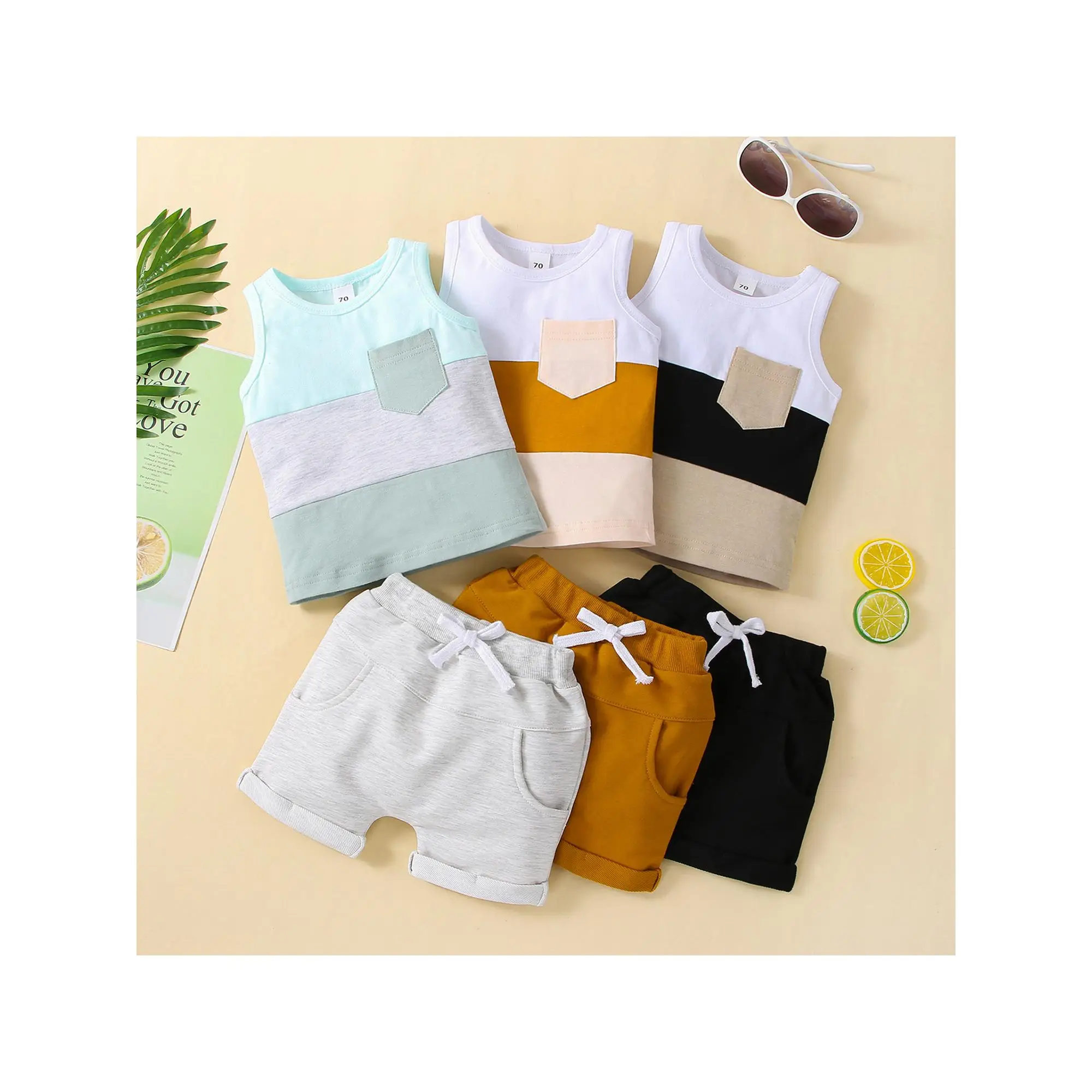 Baby Boys 2PCS Pants Suit, Sleeveless Patchwork Crew Tank Tees + White Straps Short Pants, Toddler Boys Casual Outfit