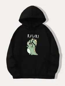 Women's Cartoon Dinosaur & Letter Print Drop Shoulder Thermal Lined Hoodie, Cute Animal Sweatshirt, Fashion Casual Drawstring Pocket Hooded Sweatshirt for Daily Holiday Outdoor Wear, Women Clothing for Fall & Winter