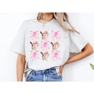 #070 - Cute Kittens Pink Bows Sweet Cat Coquette - Print Unisex Crewneck Tee T-shirt - Shirt Tshirt