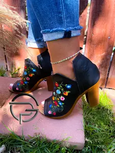 Laura Premium Mexican Leather Ankle Boots - Mexican Artisanal Embroidered Flower Leather Block Heel