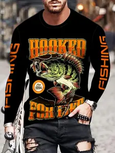 Men's Fishing Long Sleeve Shirt, with Vibrant Hooked for Life, Largemouth Bass Graphic, Crew Neck, Polyester, All Seasons, Fishing Apparel