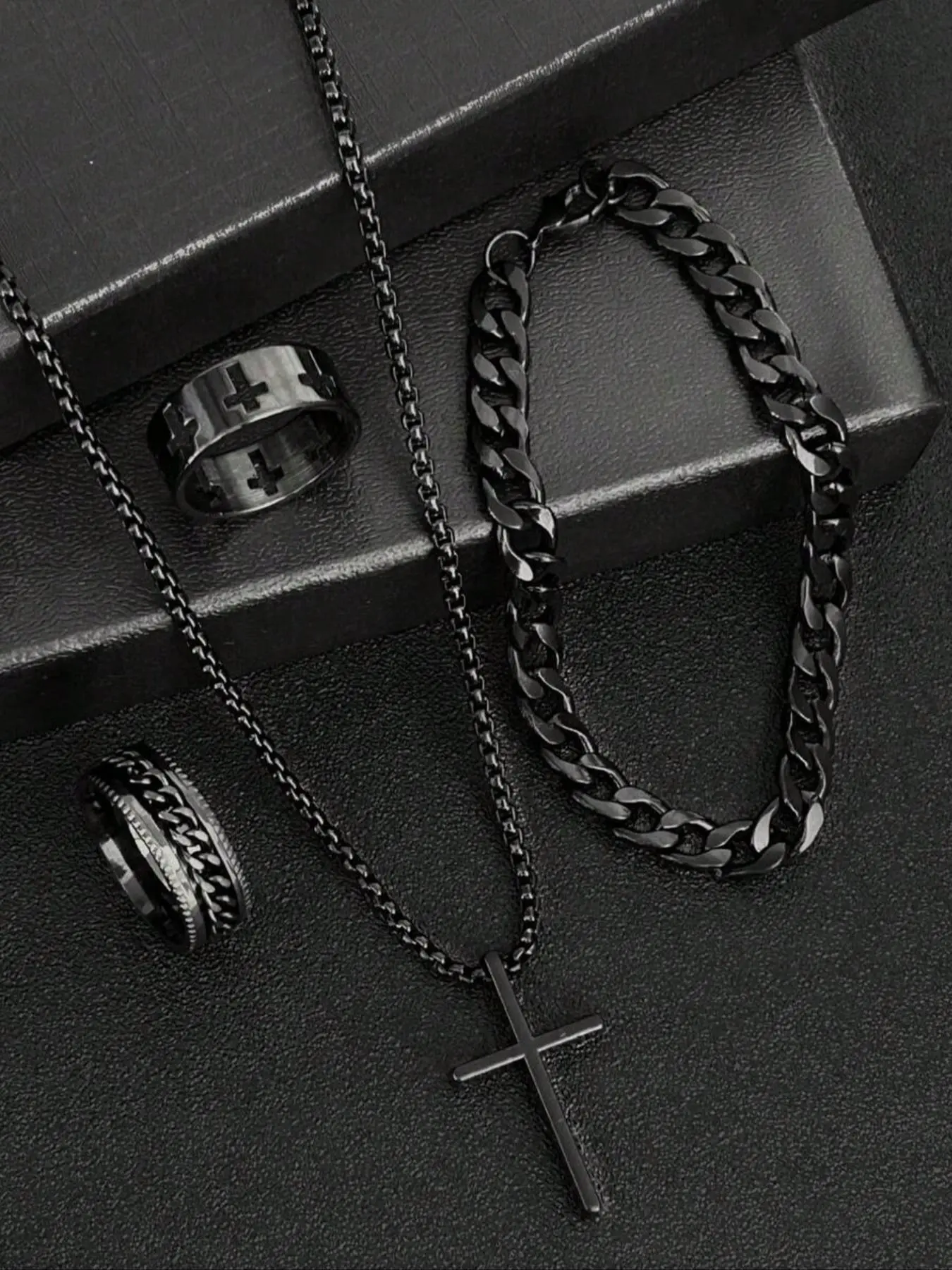 Men's Fashion Jewellery Gift Set, Casual Trendy Cross Pendant Necklace & Bracelet & Ring, Fashion Jewelry for Party, Trendy All-match & Exquisite Jewelry for Gift