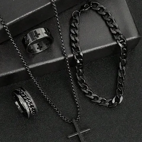Men's Fashion Jewellery Gift Set, Casual Trendy Cross Pendant Necklace & Bracelet & Ring, Fashion Jewelry for Party, Trendy All-match & Exquisite Jewelry for Gift