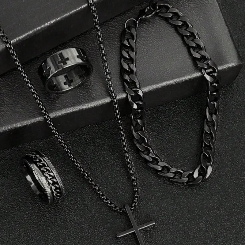 Men's Fashion Jewellery Gift Set, Casual Trendy Cross Pendant Necklace & Bracelet & Ring, Fashion Jewelry for Party, Trendy All-match & Exquisite Jewelry for Gift