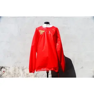 RED RUBBER BASEBALL PULLOVER JACKET WITH PEPPERONI PIZZA PATCH POCKET
