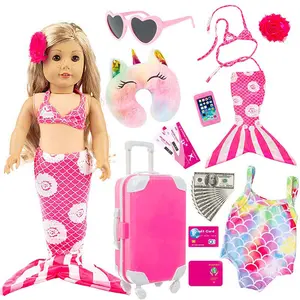 DEARBEI Mermaid Doll Set with Pink Suitcase, Swimsuits, Sunglasses, and Accessories for Kids Playtime Fun